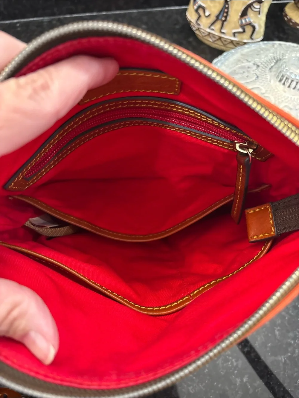 Dooney & Bourke Bright Orange Crossbody with Brown Leather Strap